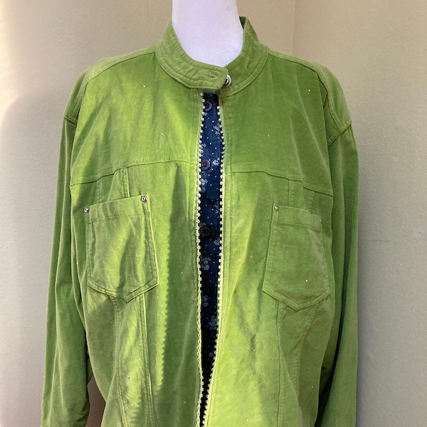 Vintage Quacker Factory 3X Lime Green pinwale corduroy spring jacket w crystal type sparkles on fabric, zipper & buttons. Women’s Plus size