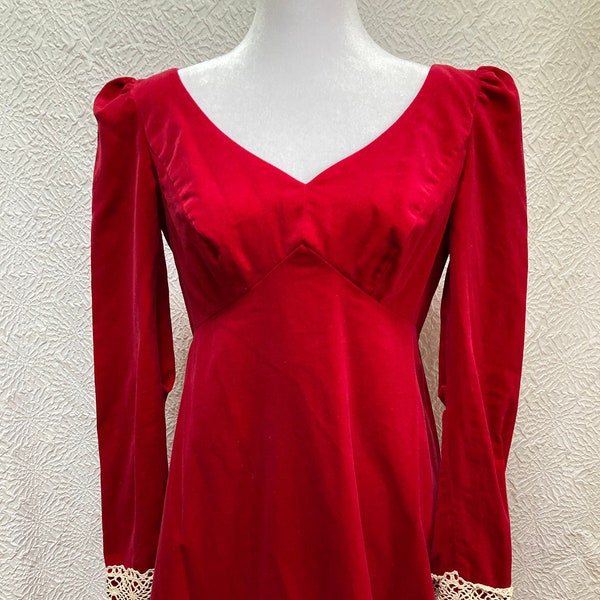 60s 70s Priscilla of Boston red floor length evening gown. Rich velveteen type fabric. Empire waist. Long sleeves with lace. Est size S / M