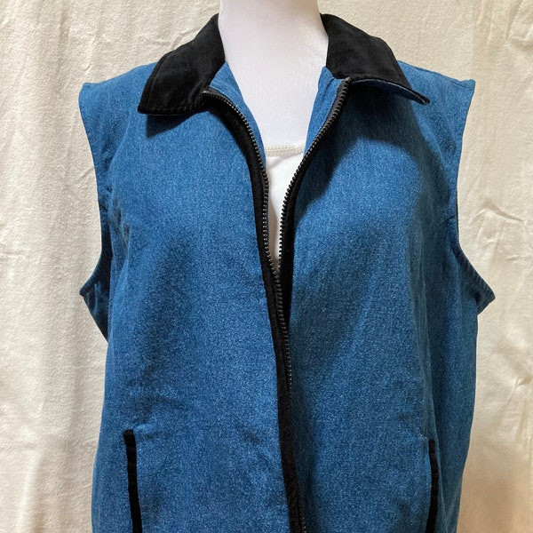Vintage all cotton denim women's vest with black collar and trim. 220 Hickory label size extra large XL Boho hippie