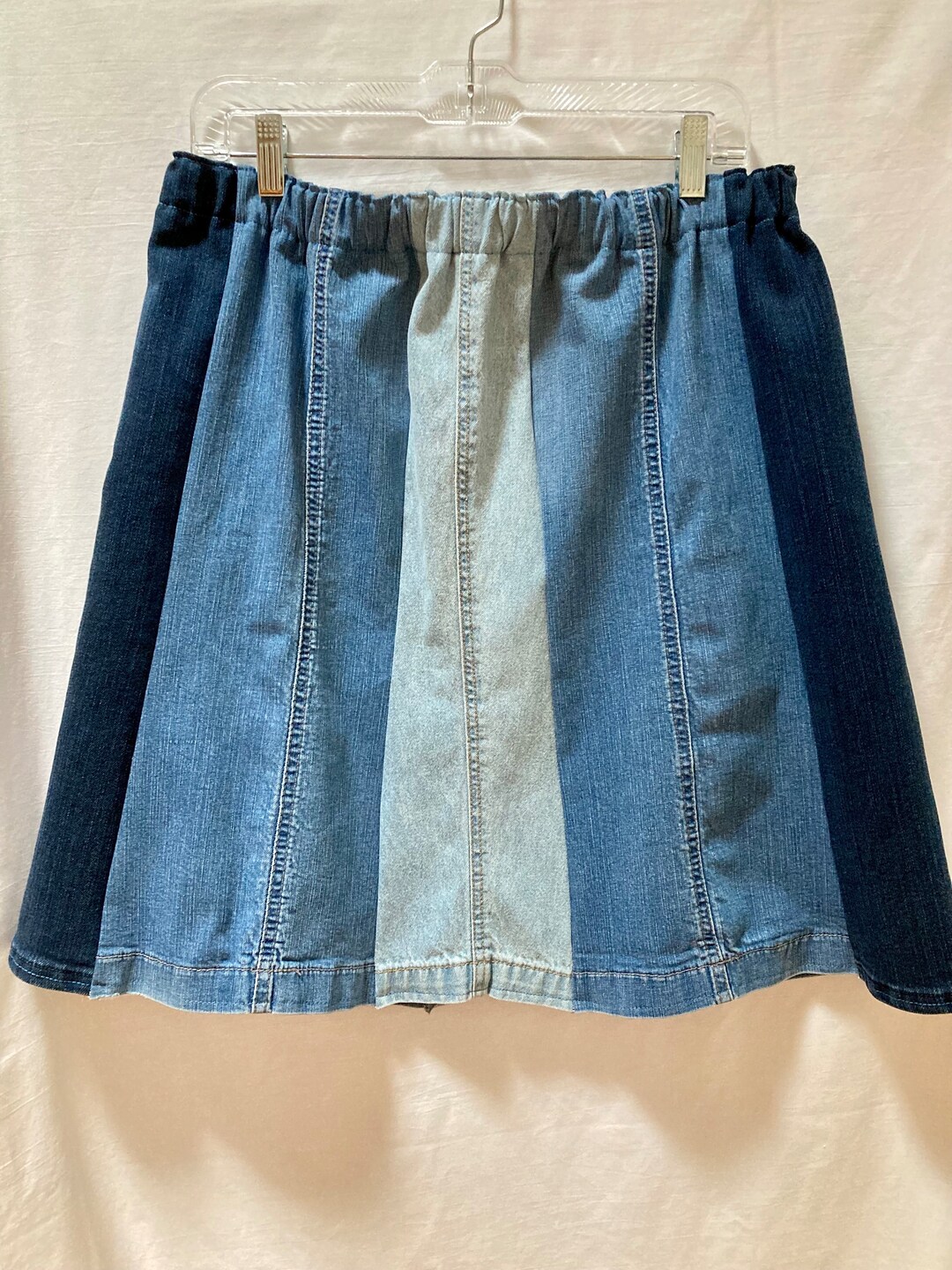 Handmade Jean Skirt With Light, Medium & Dark Denim. Blue Jeans Upcycled Into a Skirt W/ 8 Gores