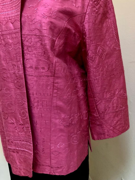 1990s Y2K Bright hot pink SILK embroidered blazer… - image 4