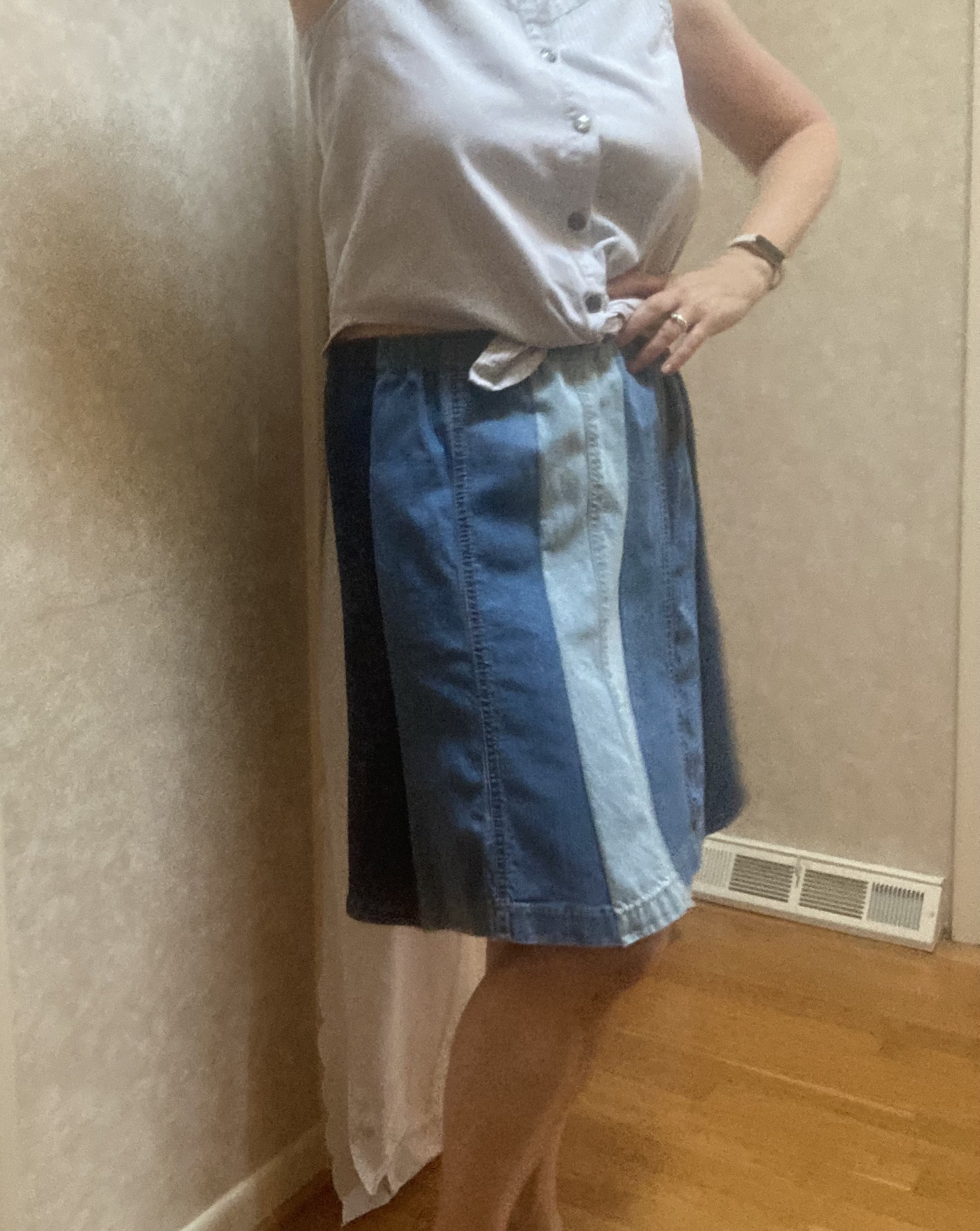 Handmade Jean Skirt With Light, Medium & Dark Denim. Blue Jeans Upcycled Into a Skirt W/ 8 Gores