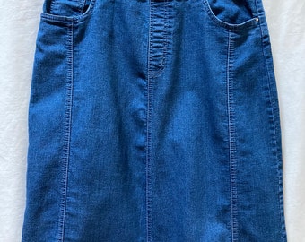 Vintage Blair midi blue jean denim skirt with yoke & pockets.  size 12 P. Eight gored sections. Elastic waist. Stretch cotton blend denim.