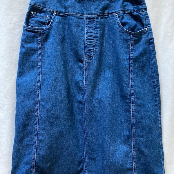 Vintage long midi blue jean denim skirt with yoke & pockets. Blair size 12 P with eight gore sections. Elastic waist. Stretch denim.