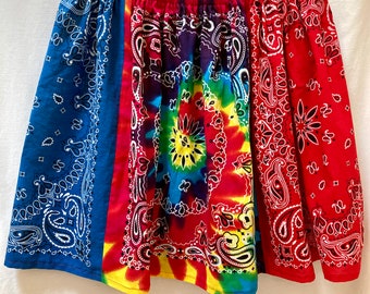 Handmade bandana skirt. Multicolor flared skirt with red, blue and rainbow color bandannas. Size medium large. Elastic waist. Gift Party