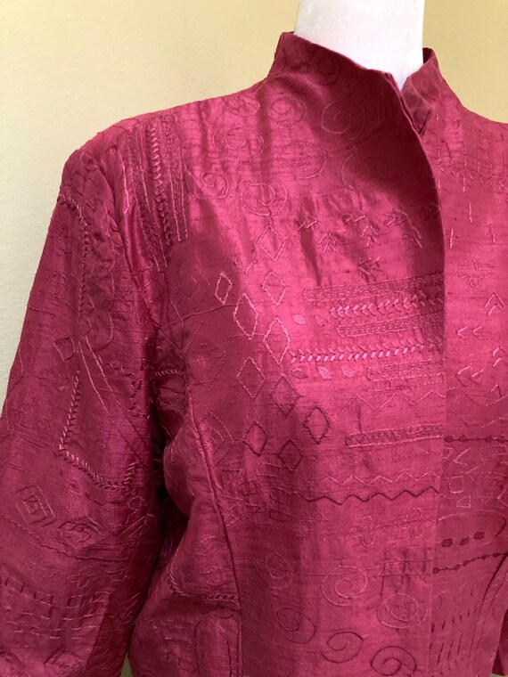 1990s Y2K Bright hot pink SILK embroidered blazer… - image 3