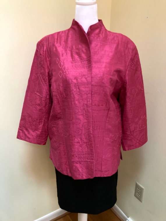 1990s Y2K Bright hot pink SILK embroidered blazer… - image 1