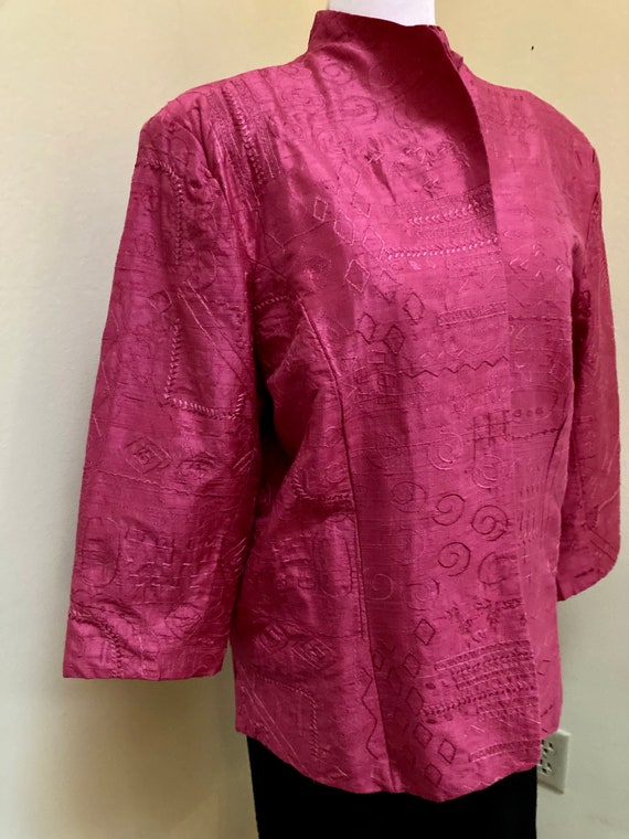 1990s Y2K Bright hot pink SILK embroidered blazer… - image 5