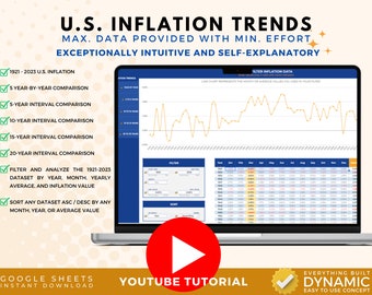 May include: A laptop screen displaying a Google Sheets spreadsheet with a line graph showing U.S. inflation trends from 1921 to 2023. The spreadsheet has a filter and sort function. The text "U.S. Inflation Trends" is at the top of the screen. The text "MAX. Data Provided with Min. Effort" is below the title. The text "Exceptionally Intuitive and Self-Explanatory" is below the previous text. The text "Filter Inflation Data" is at the top of the spreadsheet. The text "Line chart represents the month or average values you used in your filter" is below the previous text. The text "Google Sheets Instant Download" is at the bottom left of the screen. The text "YouTube Tutorial" is at the bottom center of the screen. The text "Everything Built Dynamic Easy to Use Concept" is at the bottom right of the screen.