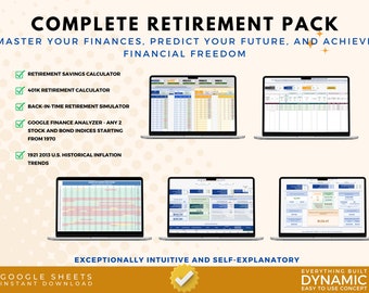 Puede incluir: Una pantalla de ordenador que muestra una hoja de cálculo de Google Sheets con el título "Complete Retirement Pack". La hoja de cálculo incluye una calculadora de ahorros para la jubilación, una calculadora de jubilación 401k, un simulador de jubilación en el tiempo, un analizador de Google Finance y las tendencias históricas de inflación de los Estados Unidos de 1921 a 2013.