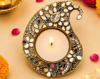 Set Of 4 Mango Shape Mirror Tea Light, Diyas for diwali, Diwali Diya Gift, Indian TeaLight Holder, Diwali Decoration, Diwali Return Gift