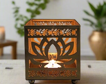 Set of 2 Metal Lotus Shadow Tea Light Holder, Diwali Decor