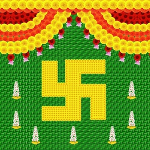 Indian Pooja Weaved Coconut Leaf with Flower&#39;s Swastik Design Decoration Backdrop Cloth, for Festival Size (5 x 8) FT