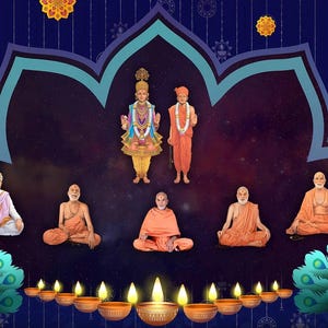 May include: A colorful illustration of a group of people meditating in a lotus position, surrounded by peacocks and lit diyas. The central figure is a deity with a golden crown and a colorful robe.
