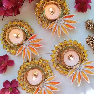 Set Of 4 Yellow Lotus Pearl Bangle Tea Light Holder, Diwali tea light holder, Diwali Gift, housewarming/babyshowergift, Return Gift,