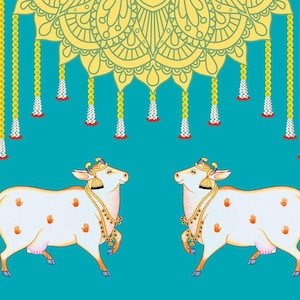Two Cows with Purple Blue Rangoli and Hanging Flower Design Backdrop Curtain for Decoration Backdrop Cloth for Pooja Decoration Size (5x8)FT