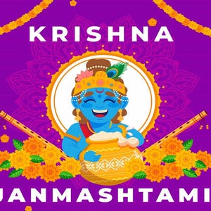 Garlands and Matuki with Bal Krishnaji Design Backdrop Cloth for Pooja Decoration Traditional Background Size (5x8) FT