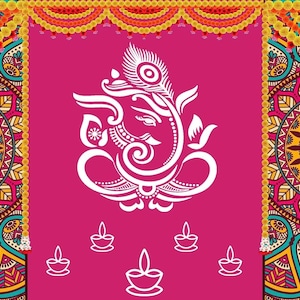 Indian Tradition Hanging Flower With Rangoli (Muggu) and GANESH JI Design Decoration Backdrop Cloth for Pooja Decoration Size (5x8) FT
