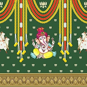 Marigold and Lotus Flower with Cows and Ganesh ji Design Backdrop Cloth for Pooja Decoration Traditional Background Curtain Size (5x8) FT