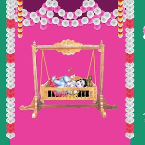 Little Krishna in Cradle design Backdrop for Pooja Decoration Traditional / Background Curtain for Pooja Size (5x8) FT