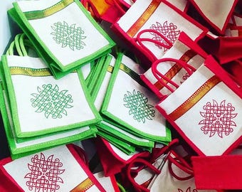 Kolam Print Jute Bags | Return Gifts, Thamboolam, Wedding Favors | Multicolor | 10x8x4 in | Gifts, Baby Shower Gifts, Housewarming Gift