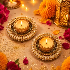 May include: Two circular candle holders featuring a gold-toned metal base with intricate lattice patterns, surrounded by a border of small white faux pearls. Each holder contains a lit tea light candle with a warm, glowing yellow flame.