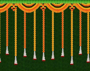 Hanging Flower with Green Grass Background Design Backdrop Curtain for Decoration Backdrop for Pooja Decoration Traditional Size (5x8)FT