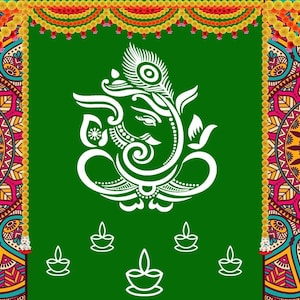 Indian Tradition Hanging Flower With Rangoli (Muggu) and GANESH JI Design Decoration Backdrop Cloth for Pooja Decoration Size (5x8) FT
