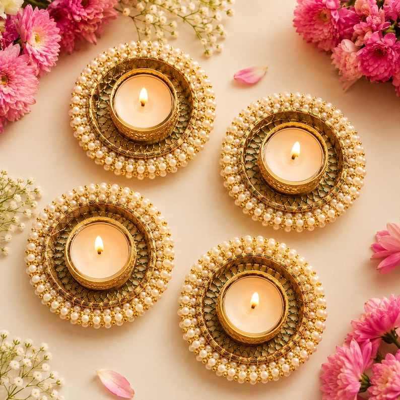 May include: Four circular candle holders featuring a metallic gold finish with intricate lattice patterns and borders lined with small white pearls. Each holder contains a single lit tea light candle with a warm yellow flame, arranged symmetrically.