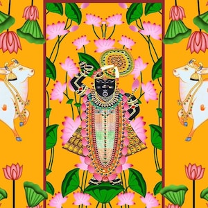 Indian Tradition Two cow with Srinathji design Decoration Backdrop Cloth for Pooja Decoration Traditional Background Curtain Size (5x8) FT