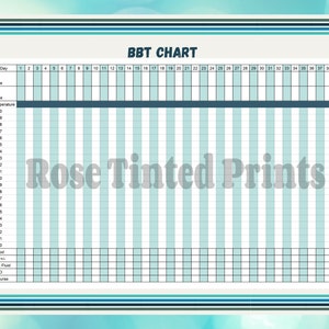 Op de afbeelding: Een printbare BBT-kaart met een blauw-wit kleurenschema. De kaart is gelabeld "BBT CHART" en bevat kolommen voor cyclusdag, datum, tijd, lichaamstemperatuur, menstruatie, OPK, baarmoederhalsslijm en DPO. De kaart is ontworpen om te helpen bij het bijhouden van de basale lichaamstemperatuur voor bewustwording van vruchtbaarheid.
