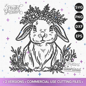 SVG Lapin Mignon et Couronne de Fleurs, Clipart Lapin de Pâques, Téléchargement Lapin Floral, SVG Printemps Cricut, Sublimation, Fichier PNG