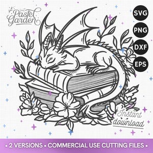 SVG Dragon endormi et Livre, Clipart Fantaisie, Sublimation Vectorielle Png, Art Lecture, Fichiers Cricut, Téléchargement, Broderie