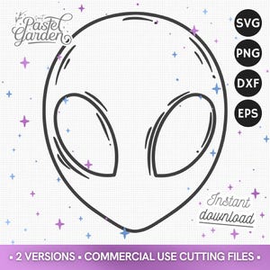SVG Tête Alien, Design Alien, Fichier Vecteur OVNI, Découpe Cricut, Téléchargement Png Dxf Eps, Imprimable Silhouette, Scrapbooking