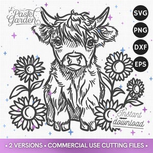 Vache des Highland et Tournesols SVG PNG, Clipart Floral, Bébé Vache, Téléchargement Numérique, Design de Sublimation Animal de Ferme