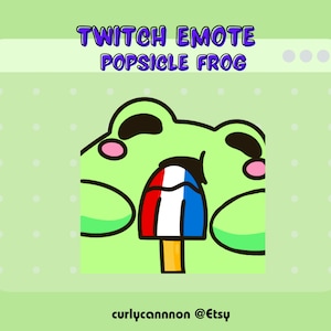 May include: Green cartoon frog with big eyes and a pink nose, eating a red, white, and blue popsicle. The frog is looking up at the popsicle. The image is a Twitch emote.