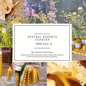 May include: A collage featuring natural beeswax candles, with the text "NATURAL BEESWAX CANDLES 100% Pure Ma Maison Rustique". The image includes various candle styles, honey, and floral elements, showcasing a rustic aesthetic.