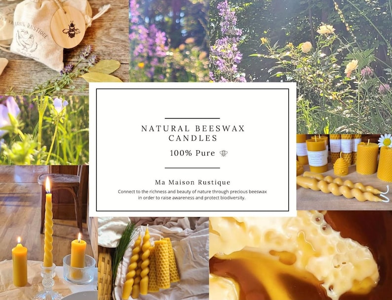 May include: A collage featuring natural beeswax candles, with the text "NATURAL BEESWAX CANDLES 100% Pure Ma Maison Rustique". The image includes various candle styles, honey, and floral elements, showcasing a rustic aesthetic.
