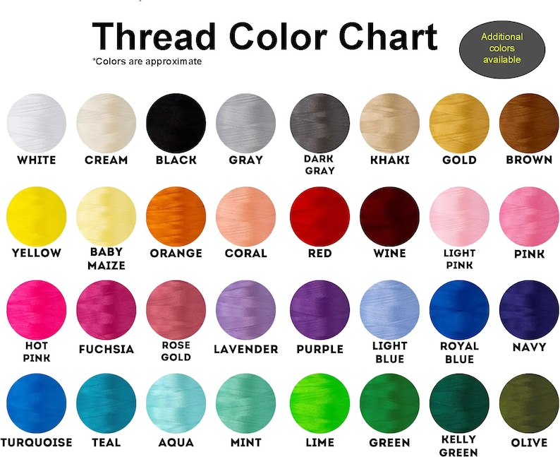 May include: A color chart showing 25 different thread colors, including white, cream, black, gray, dark gray, khaki, gold, brown, yellow, baby maize, orange, coral, red, wine, light pink, pink, hot pink, fuchsia, rose gold, lavender, purple, light blue, royal blue, navy, turquoise, teal, aqua, mint, lime, green, kelly green, and olive.