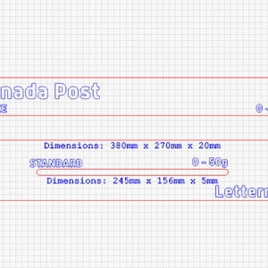 Puede incluir: Un diagrama que describe las dimensiones y los límites de peso para el servicio de correo Lettermail de Canada Post. El diagrama muestra dos categorías: Estándar, con dimensiones de 245 mm x 156 mm x 5 mm y un límite de peso de 0-50 g, y Sobretamaño, con dimensiones de 380 mm x 270 mm x 20 mm y un límite de peso de 0-500 g.