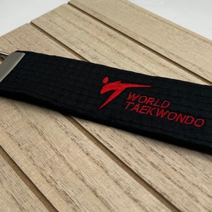 World Taekwondo Black Belt Keychain: Customized Embroidered Martial Arts Gear