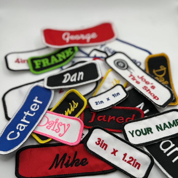 Custom Embroidered Name Tags for Personalizing Overalls, Jackets, Shirts & More - Unique Name Patch Design Various Sizes