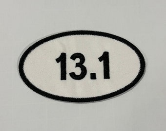 Half Marathon Running Embroidered Badge or Patch 13.1 Miles, Classic White & Black, Iron-On Patch