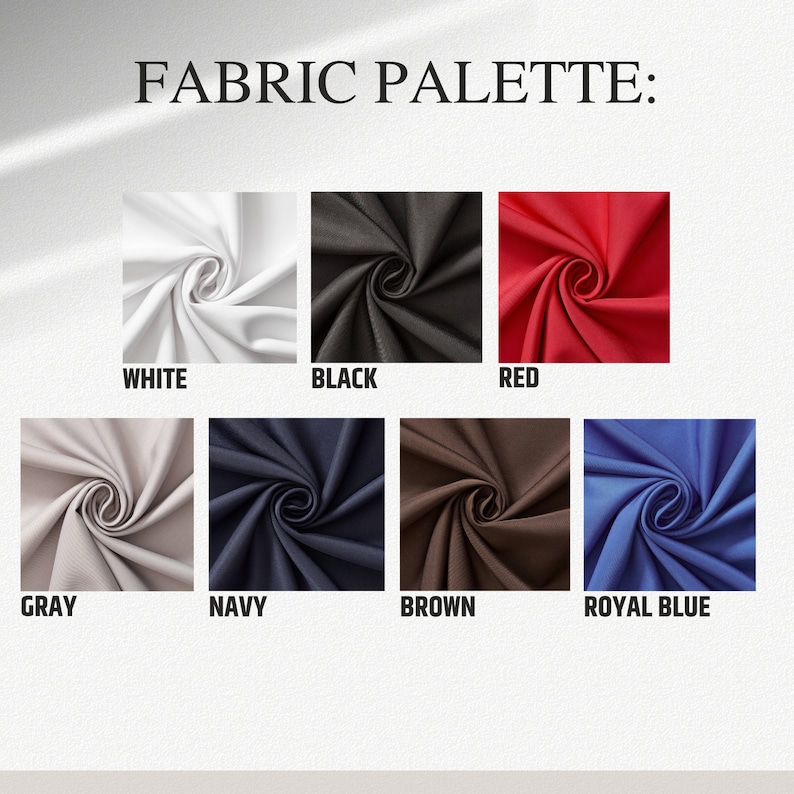 May include: Fabric swatches in various colors, including white, black, red, gray, navy, brown, and royal blue. The swatches are arranged in two rows of four.
