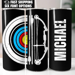 May include: Two black and white personalized tumblers. One tumbler features a white archery target with a bow and arrow. The other tumbler has the name "MICHAEL" in white text.