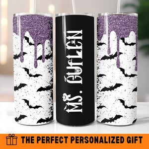 Personalized Halloween Bat Tumbler, Spooky Tumbler Halloween Cup, Bat Glitter Travel Cup with Straw Witch Tumbler Halloween Name Travel Mug