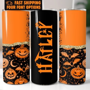 Personalized Halloween Tumbler Pumpkin, Spooky Glitter Travel Tumbler for Halloween Cups Custom Halloween Travel Mug for Women Witch Tumbler