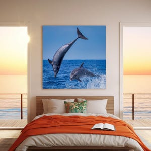 Jumping Bottlenose Dolphins Wall Art, Ocean Dolphin Photography, Marine Life Art Print, Dolphin Decor, Coastal Beach Wall Art