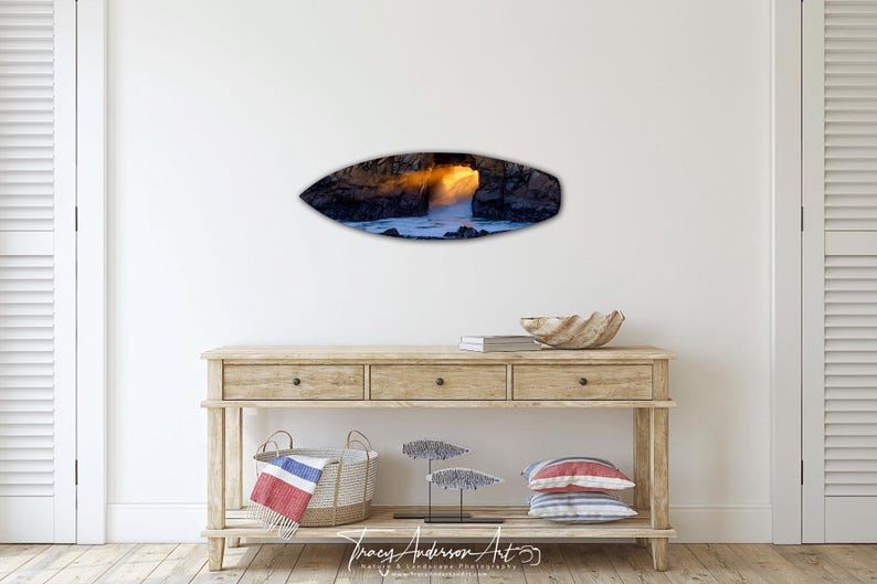 Keyhole Arch Sunset at Pfeiffer Beach Metal Surfboard Wall Art, Unique