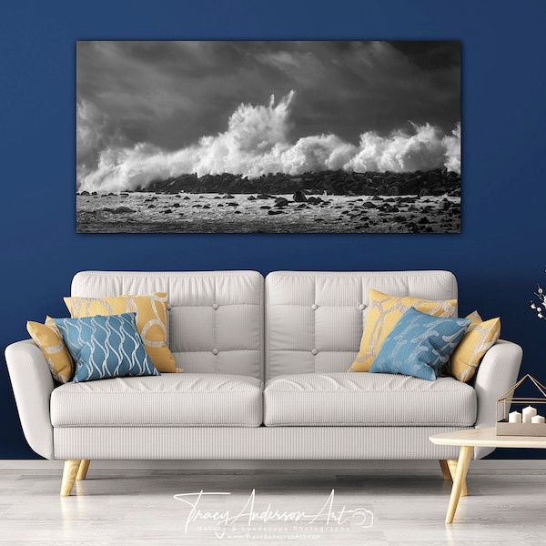 Black and White Panoramic Crashing Wave Photo, Morro Bay Photography, Surf Wall Art, Crashing Waves Wall Art, Large Waves Metal Print